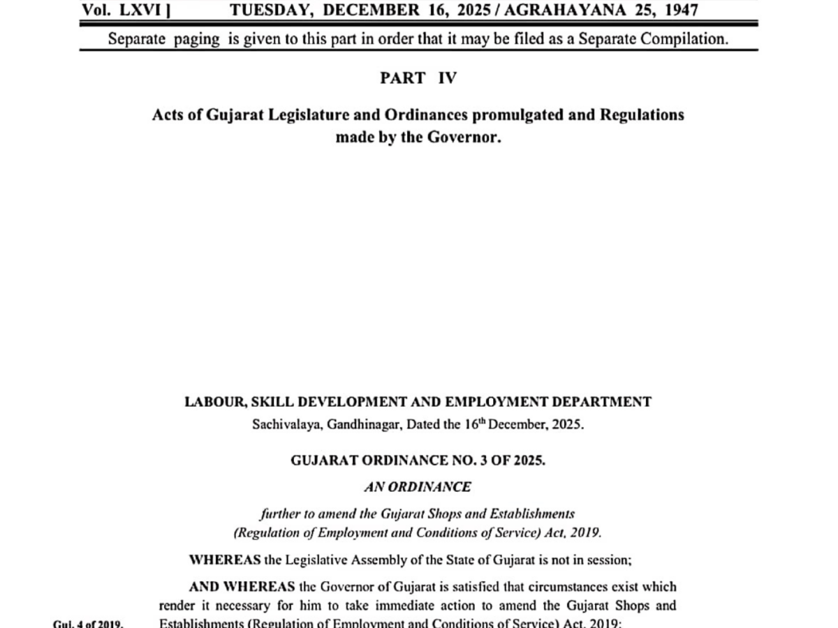 Gujarat Ordinance No. 3 of 2025 – Key Amendments To Shops And Establishments Act