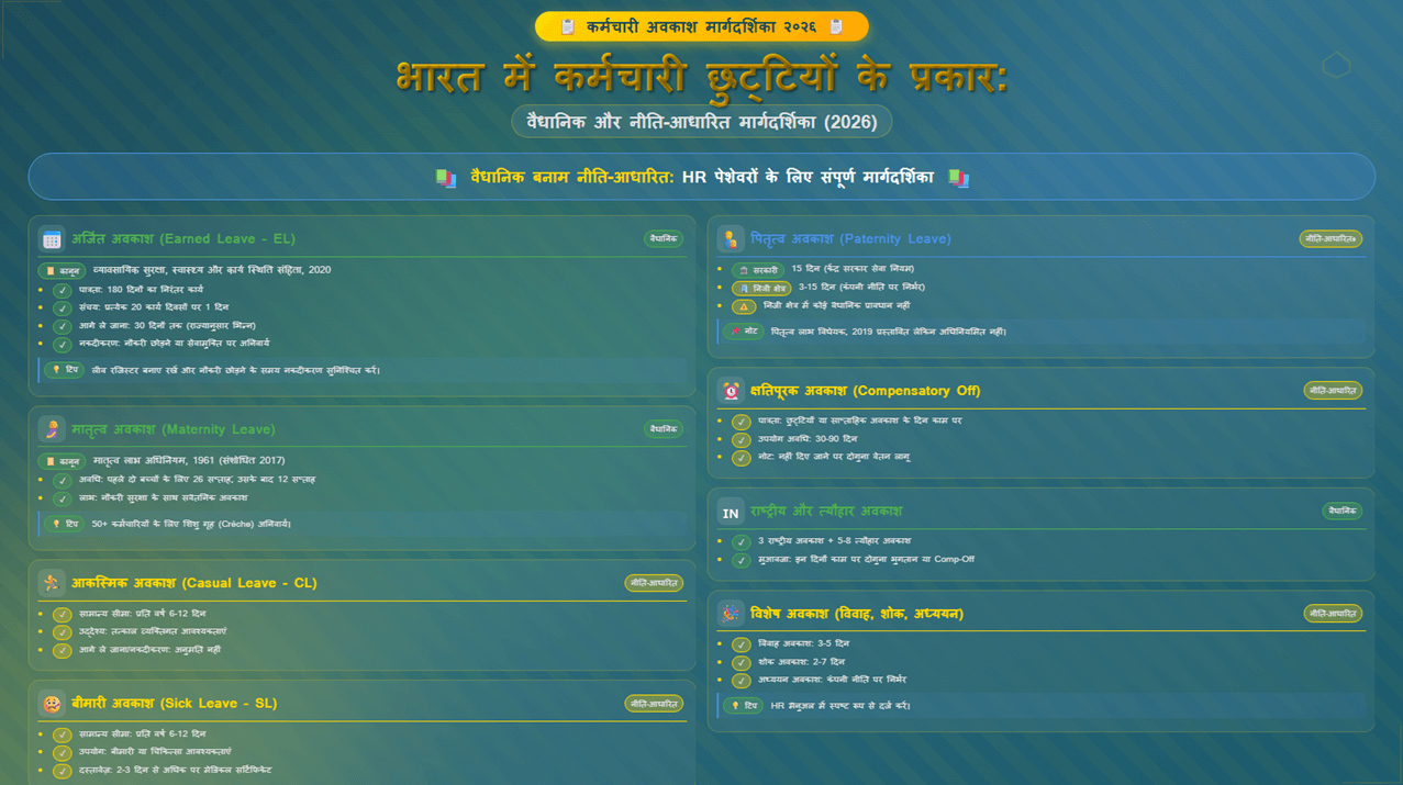 भारत में कर्मचारी छुट्टियों के प्रकार: वैधानिक और नीति-आधारित मार्गदर्शिका (2026)