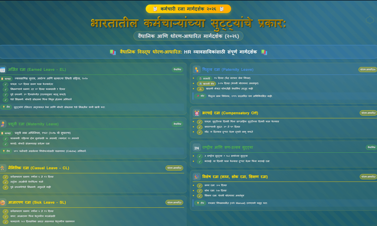 भारतातील कर्मचाऱ्यांच्या सुट्ट्यांचे प्रकार: वैधानिक आणि धोरण-आधारित मार्गदर्शक (२०२६)