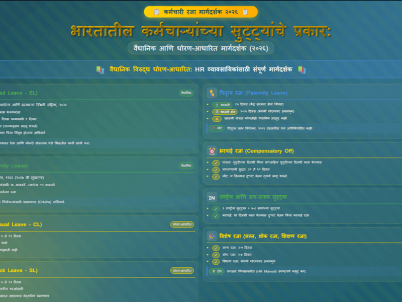 भारतातील कर्मचाऱ्यांच्या सुट्ट्यांचे प्रकार: वैधानिक आणि धोरण-आधारित मार्गदर्शक (२०२६)