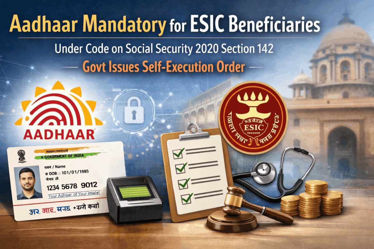 Aadhaar Mandatory for ESIC Beneficiaries Under Code on Social Security 2020 Section 142 – Govt Issues Self-Execution Order