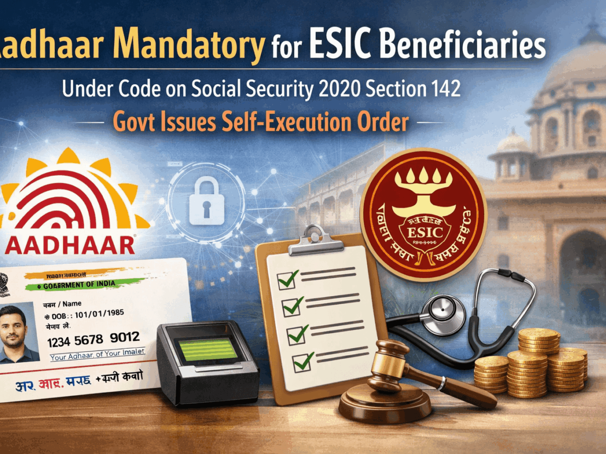 Aadhaar Mandatory for ESIC Beneficiaries Under Code on Social Security 2020 Section 142 – Govt Issues Self-Execution Order