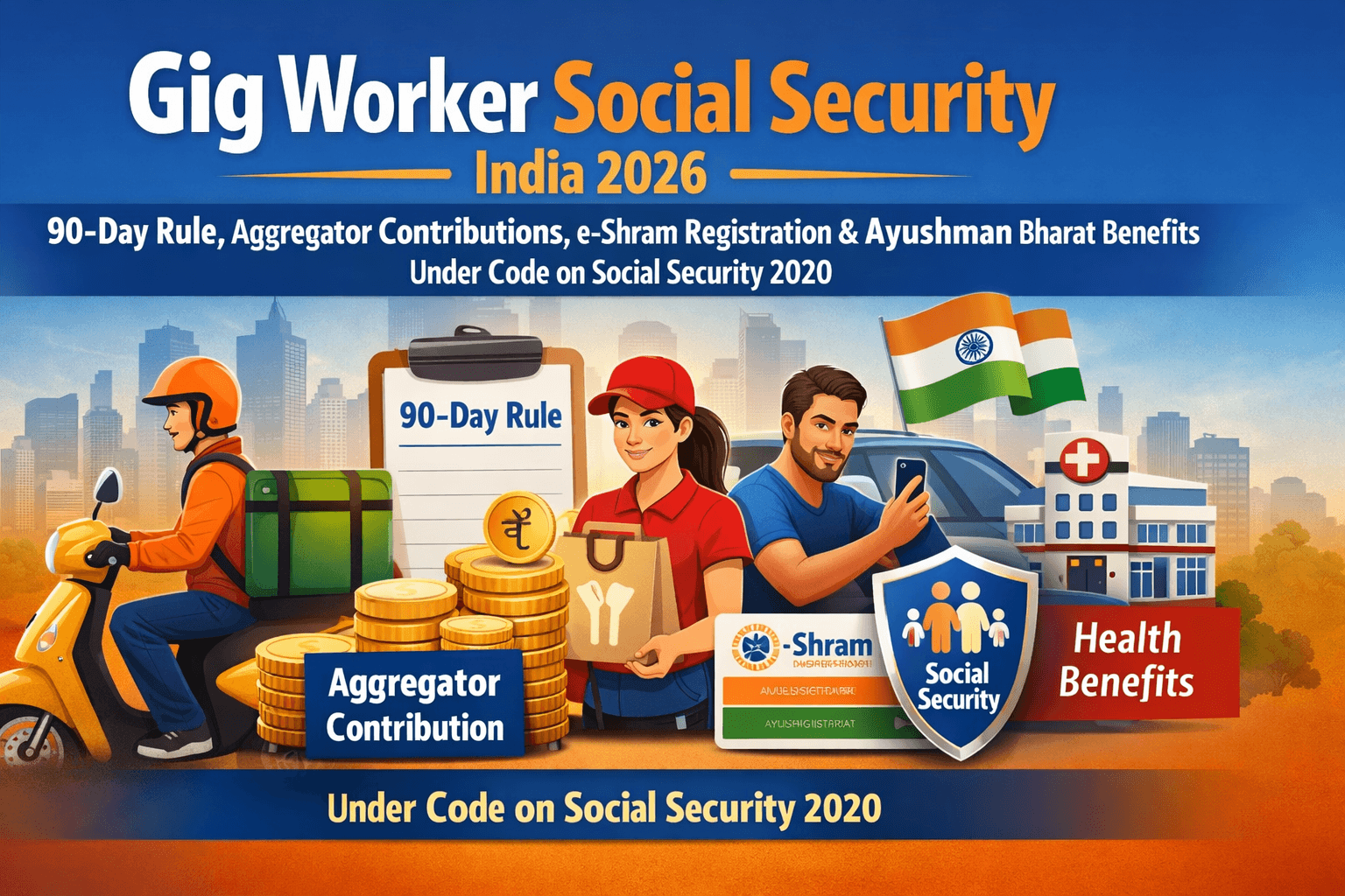Gig Worker Social Security India 2026: 90-Day Rule, Aggregator Contributions, e-Shram Registration & Ayushman Bharat Benefits Under Code on Social Security 2020