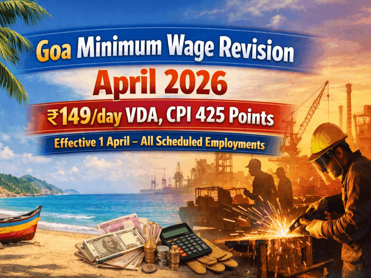 Goa Minimum Wage Revision April 2026: ₹149/day VDA, CPI 425 Points – Effective 1 April – All Scheduled Employments