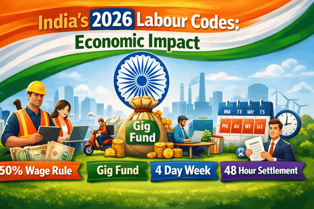 India’s 2026 Labour Codes: Economic Impact – 50% Wage Rule, Gig Fund, 4 Day Week & 48 Hour Settlement
