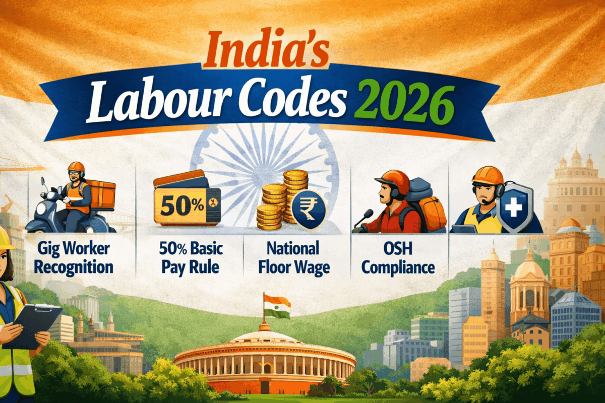 India’s 2026 Labour Codes: Gig Worker Recognition, 50% Basic Pay Rule, National Floor Wage & OSH Compliance